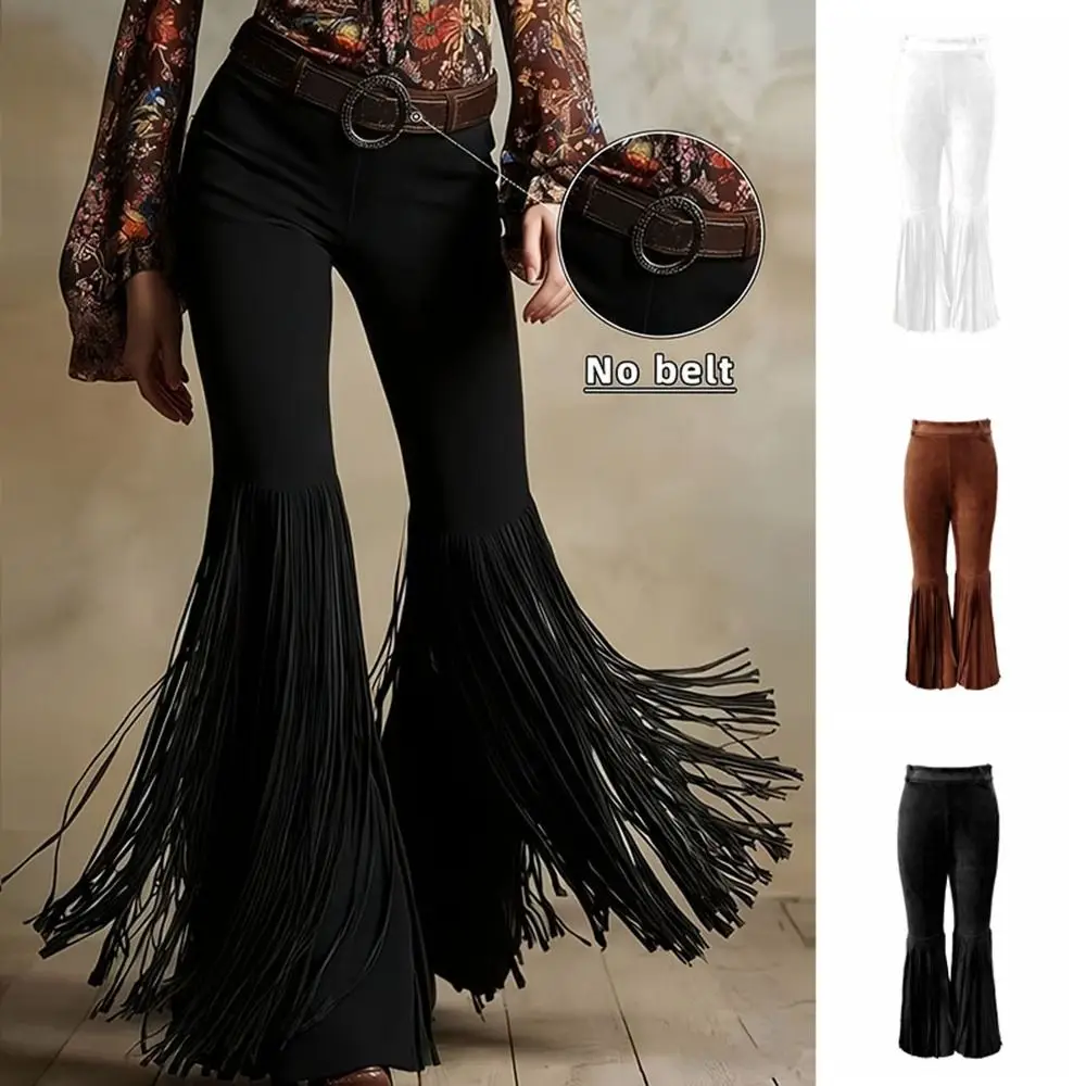 

Однотонные замшевые брюки с бахромой и кисточками, уличный стиль, ретро, с высокой талией, в стиле бохо, с дизайнерскими вставками, облегающие, расклешенные