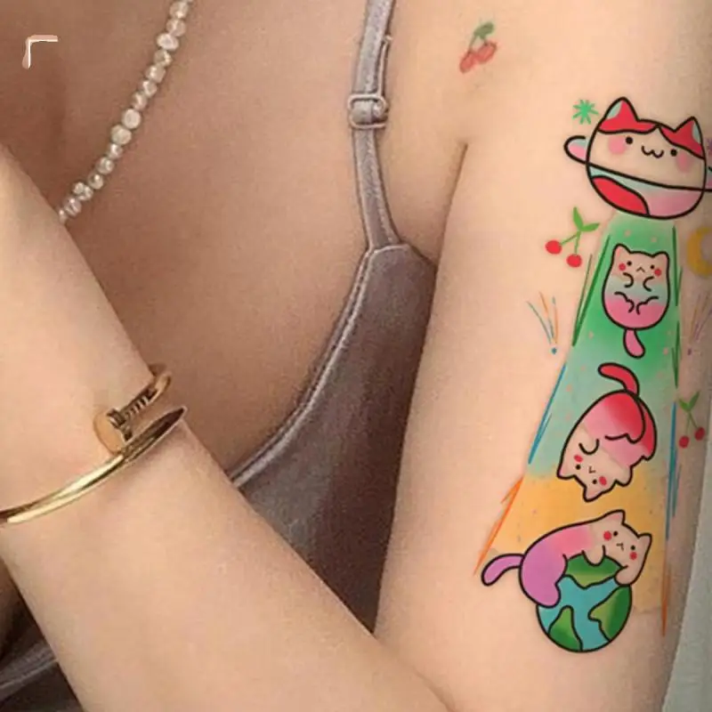 Alien Cat Temporary Tattoos Colorful Cartoon Cute Transfer Arm Hand Body Art Waterproof Fake Tattoo Sticker for Woman 1/2/3pcs