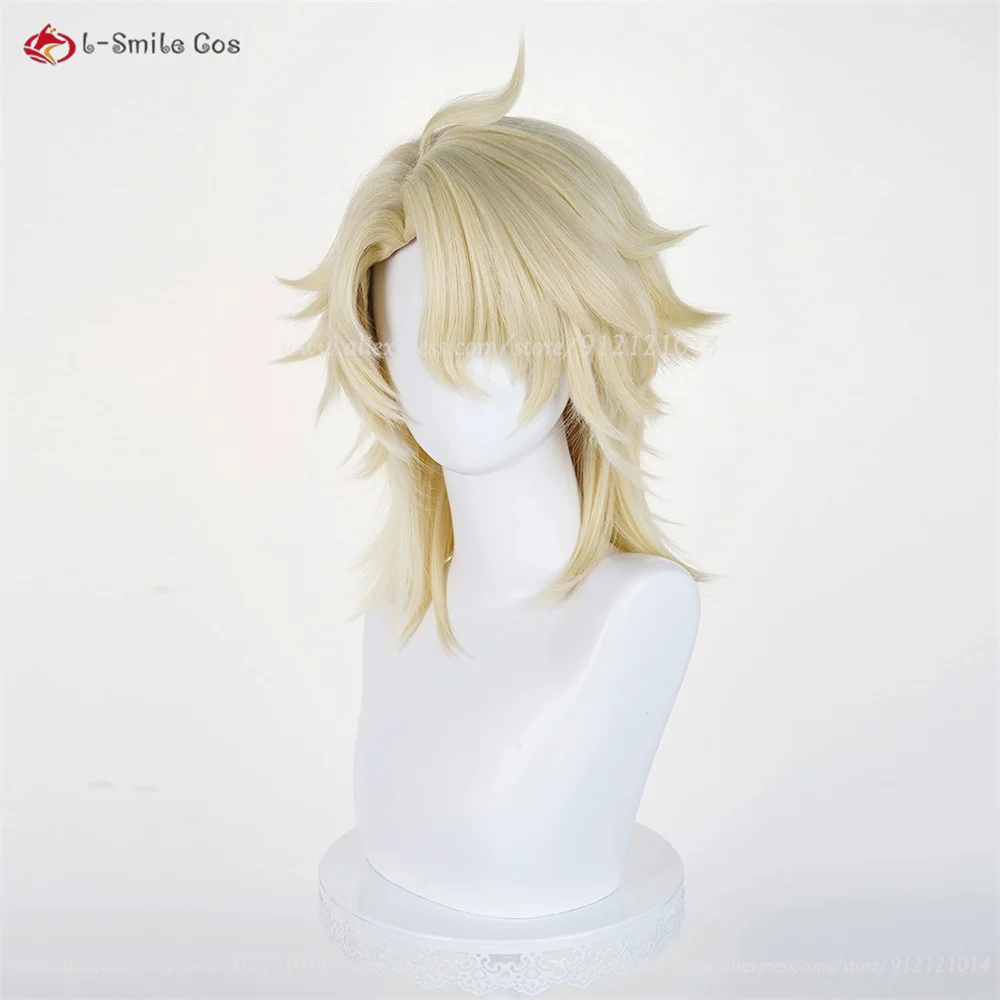 Varka Cosplay perruques 35 cm perruques dorées claires pour hommes Cosplay Anime perruque résistant à la chaleur cheveux synthétiques Halloween + bonnet de perruque
