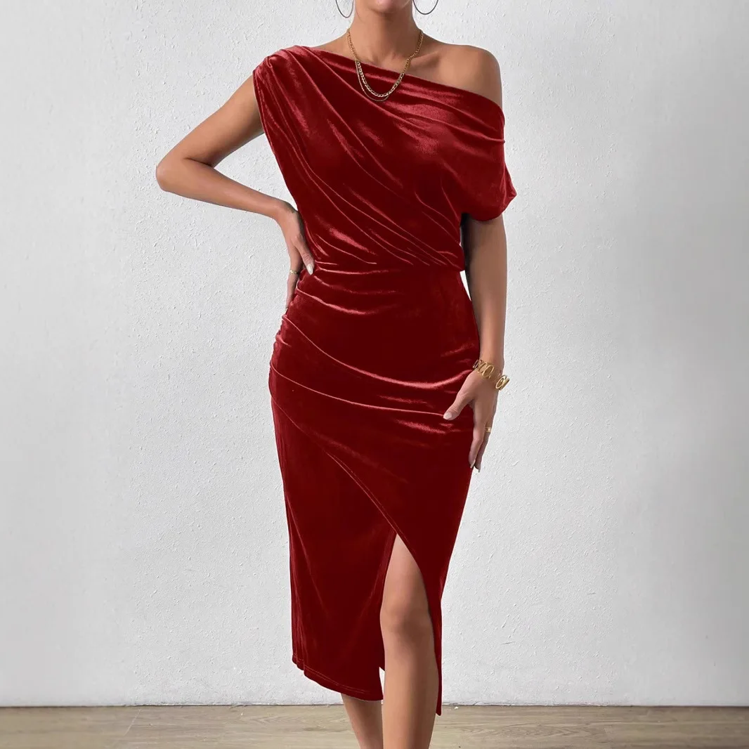 Abito Midi Estivo da Donna 2026 con Spalle Scoperte - Elegante Vestito Monocolore per Feste, Club e Uso Quotidiano/Casual