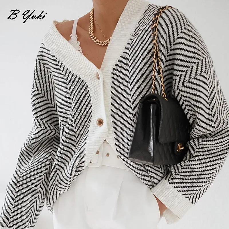 Blessyuki Oversized Loose Soft Knitted Cardigan Sweater Women Vintage Striped V-neck Long Sleeve Sweaters Female Korean Chic top