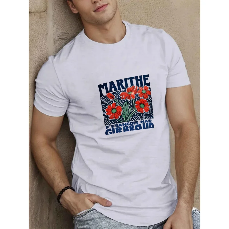 تي شيرت رجالي أبيض Marithe Francois Girbaud طباعة الأزهار قطن عالي الجودة 180 جرام #1