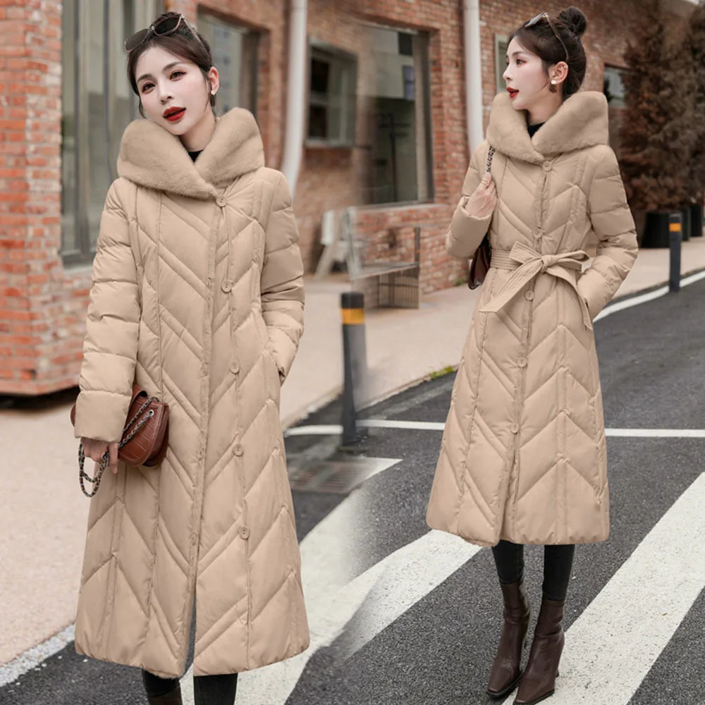 Winter Fur Splice Long Cotton Coat For Women\'s Thicken Warm Lace Up Down Jackets Ladies Knee Length Elegant Hooded Parka Female