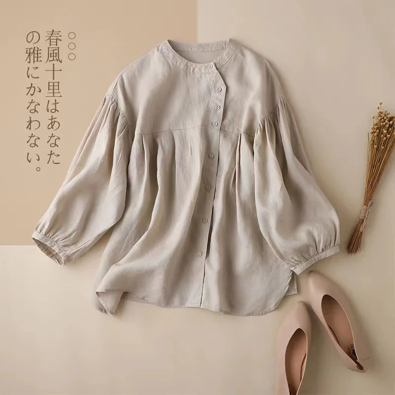 

Single-breasted Stand Collar Solid Color Lantern Sleeve Cotton Shirt Female Fashion Loose Casual Blouse Nine-minute Sleeve Shirt