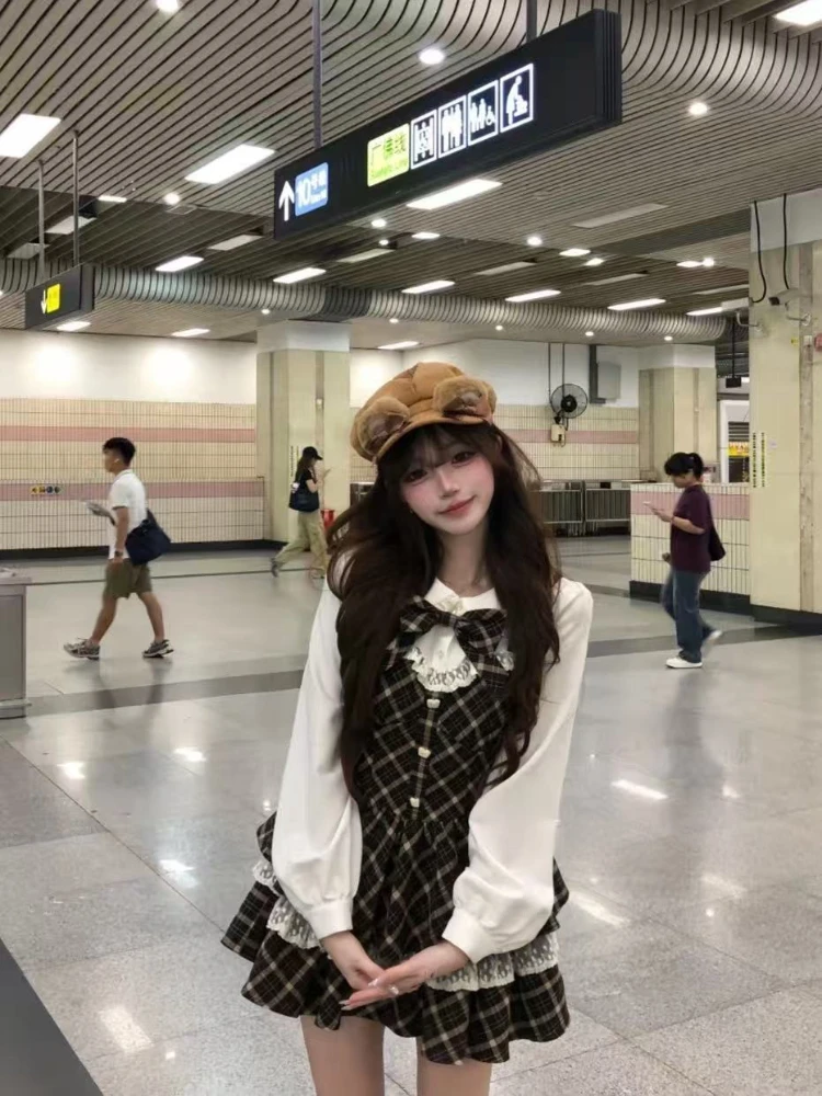 Autumn Sweet Japanese Lovely 2 Piece Set Women Bow Cloak Coat Plaid Stitching Fluffy Dress Harajuku Fashion Fairy Outfits 2025