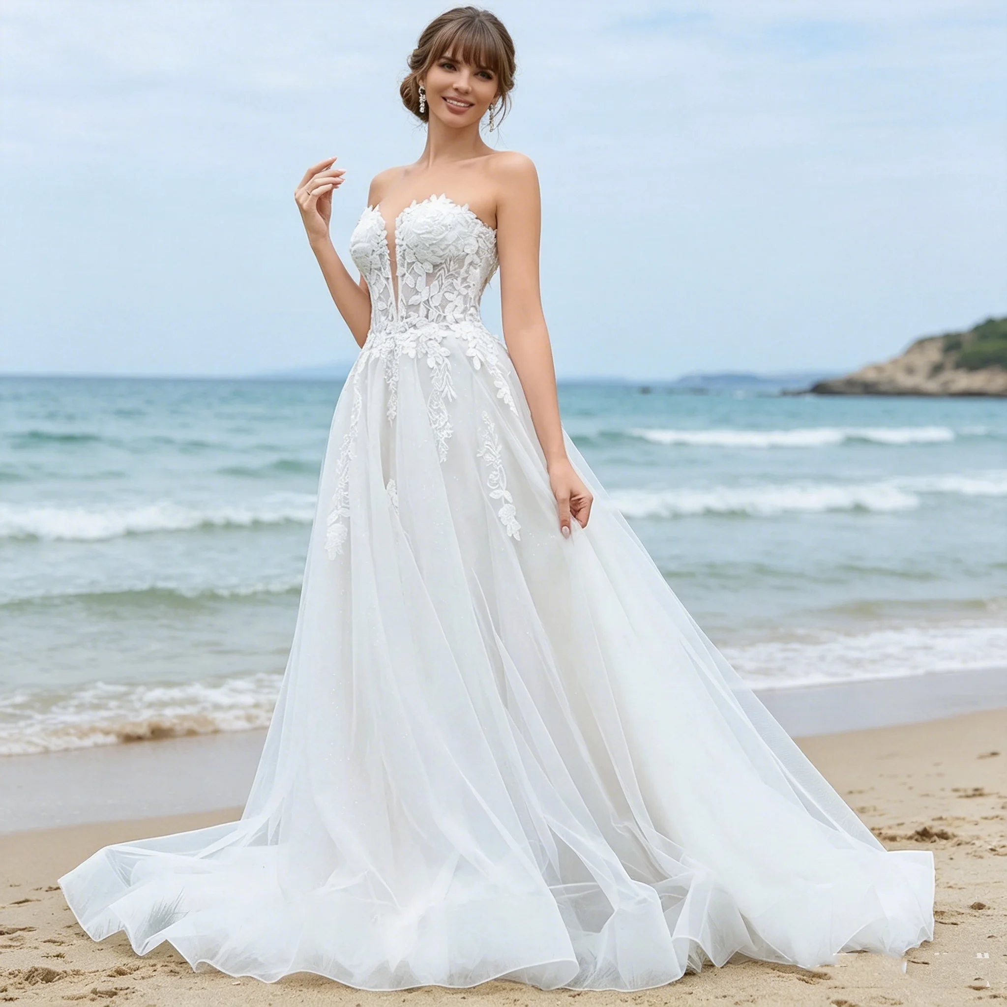 Popolare senza spalline scollo a V fiore 3D applique in pizzo una linea abiti da sposa Sweep Train Custom Made 2025 Vestido De Noival
