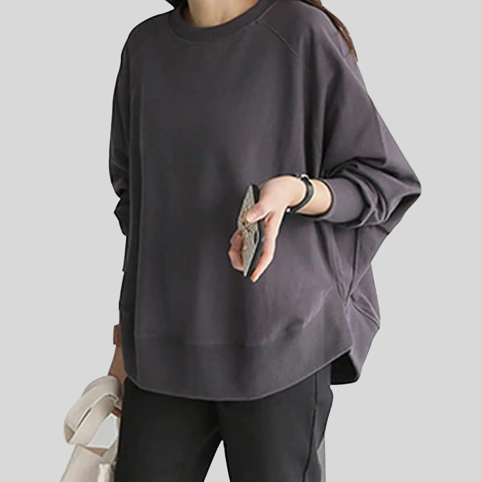 Oversized Hoodless 2024 Women'S Fashion Plain Sweatshirt Cotton Loose Comfy Pullover Crew Neck Long Sleeve Casual Woman Clothing