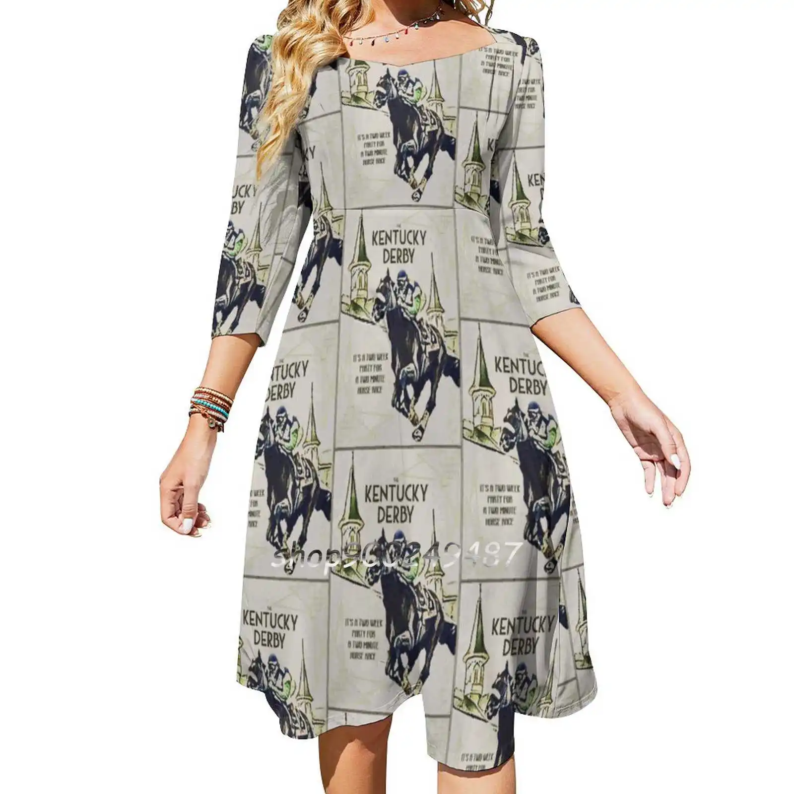 It'S Derby Time Again! Square Neck Dress Cute Loose Print Dresses Elegant Beach Party Dress Derby Festival Churchill Downs