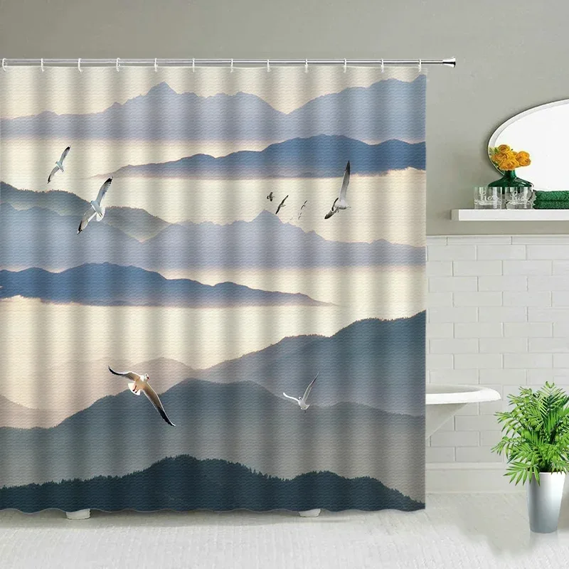 

LXL01Ink Painting Landscape Shower Curtain Bathroom Curtains Green Bamboo Natural Scenery Background Wall Decor Screens With6Jm%
