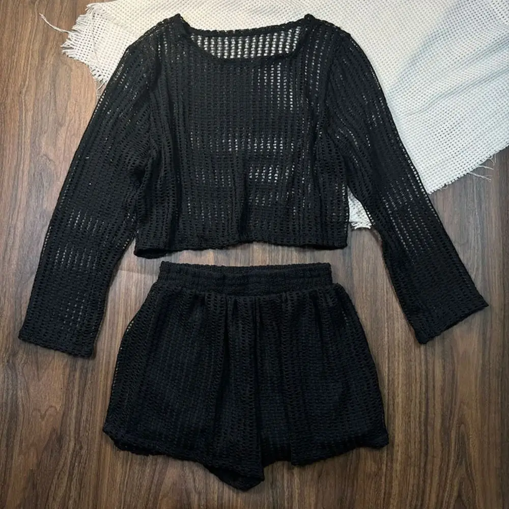Lockerer Langarm-Badeanzug Pullover mit Lochmuster, gehäkelter Strick-Badeanzug, Sonnenschutz-Strandkleidung, dreiteiliges Set Bademode – Detail 8