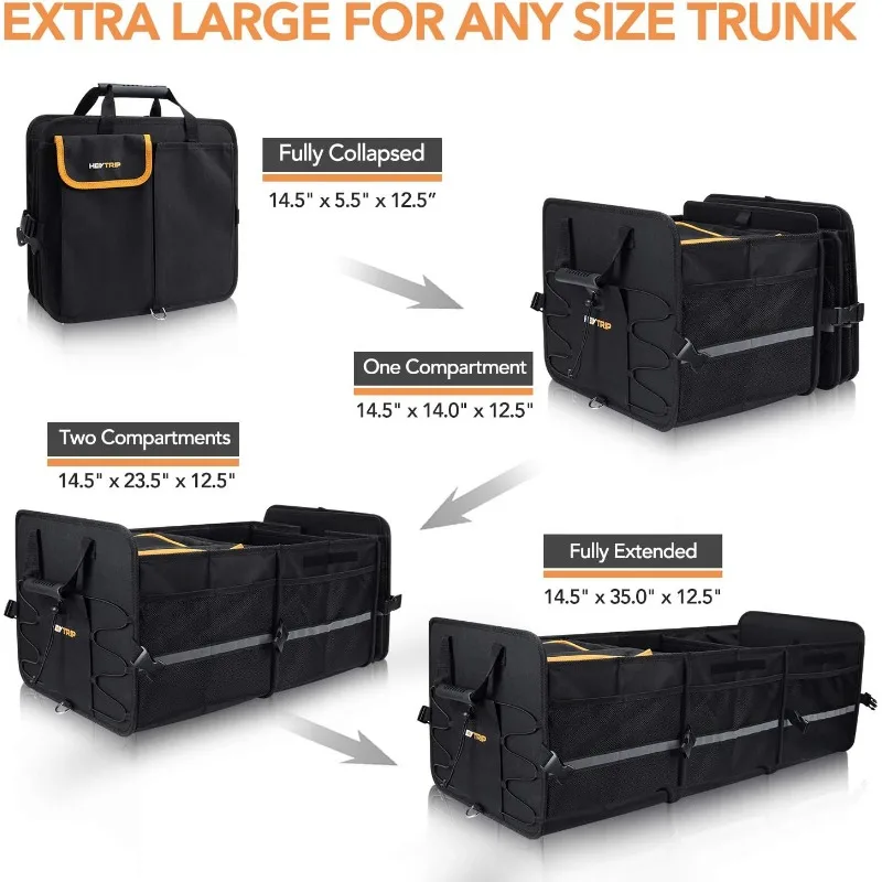 Large Trunk Organizer With Built-in Leakproof Cooler Bag, 2 Tie-Down Straps, 4 Removable Dividers, Foldable Cover,Built with 2mm