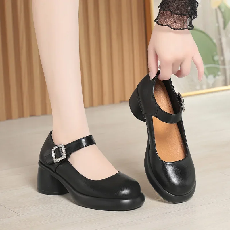 5.5 سنتيمتر الرجعية الفم الضحلة تنفس الجلود الناعمة ماري جينس أحذية منصة 2025 الخريف كتلة الكعوب أحذية مكتب أمي فستان يوميا
