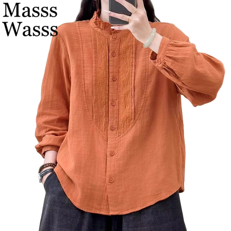 

Mass Wasss 2025, осенние японские классические топы, женские модные винтажные свободные повседневные рубашки, женские элегантные однотонные роскошные хлопковые блузки