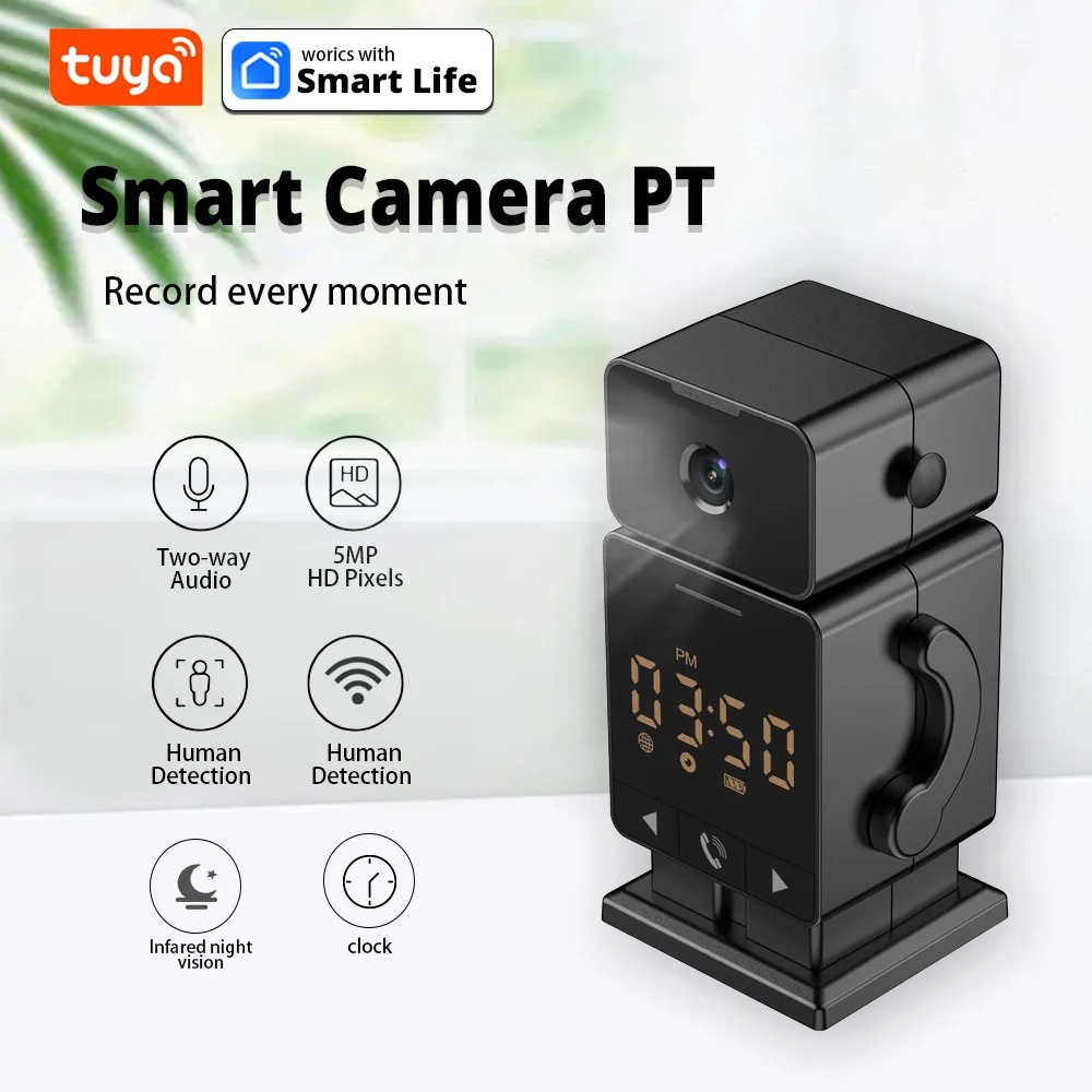 

Tuya 5MP Alarm Clock Camera Wireless Home Security HD Night Vision Baby Montior Two Way Audio 1-Click Call Auto Tracking PTZ Cam