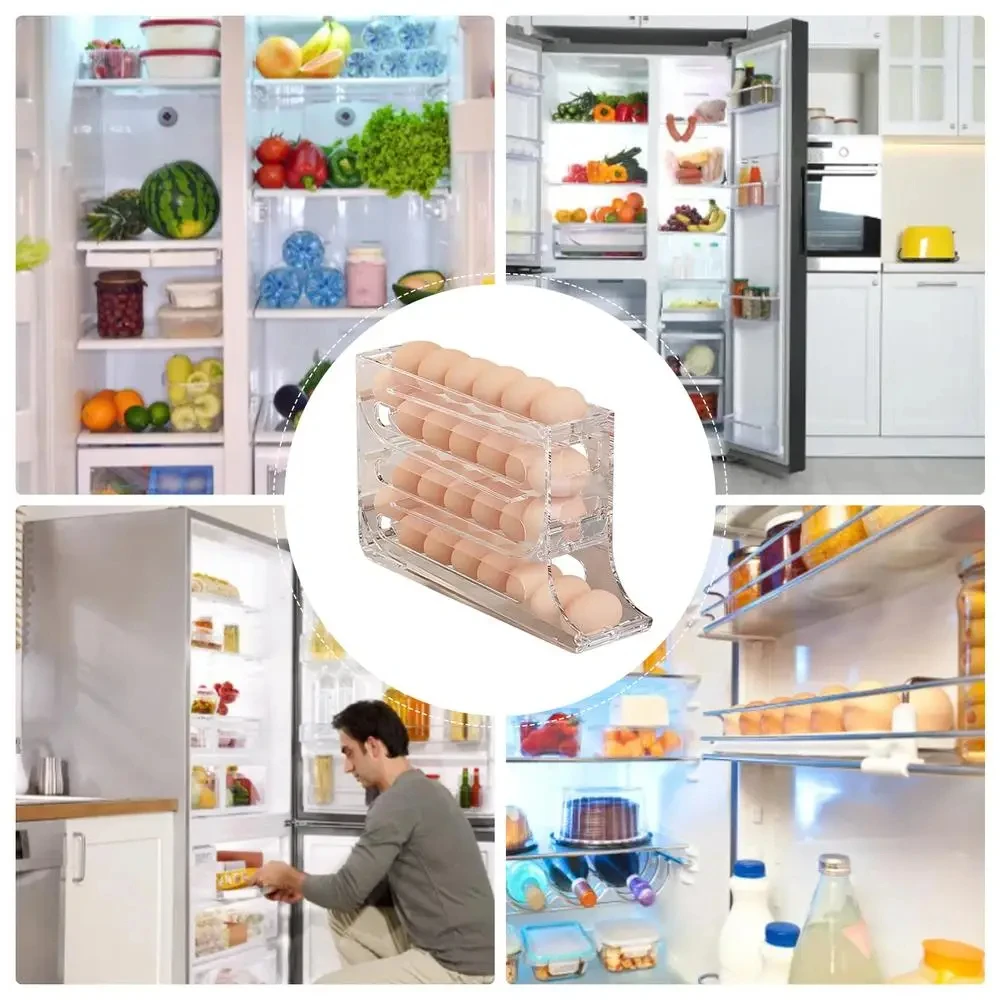 

4 Layers Automatic Rolling Egg Holder Rack Fridge Egg Storage Box Container Kitchen Refrigerator Egg Dispenser Fridge Organizer