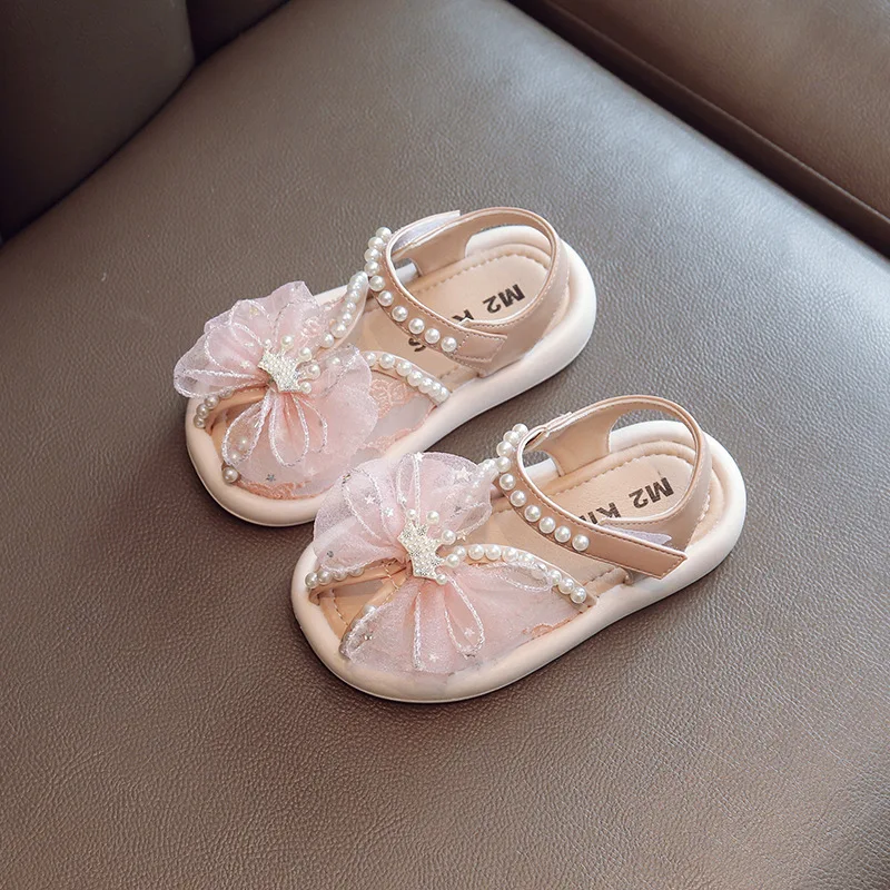 2023 Summer Baby Girls Flower Pearl Fish Mouth Sandals Sweet Soft Sole Breathable Mesh Toddler Princess Shoes Kids Beach Sandals