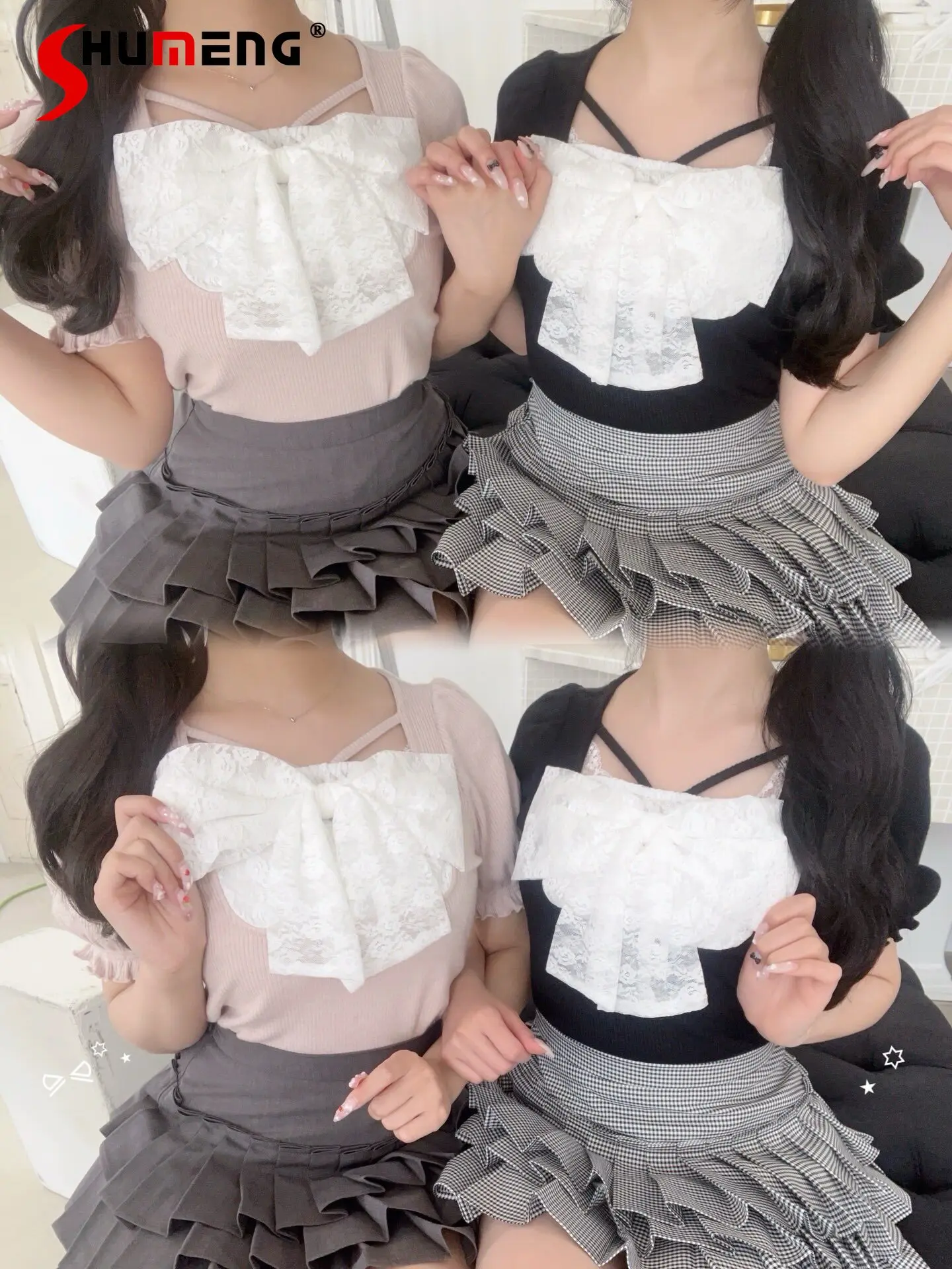 

Японская элегантная женская футболка с бантом, кружевными вставками, квадратным вырезом, рукавами-фонариками, эластичная, приталенная, милая, летняя, 2026