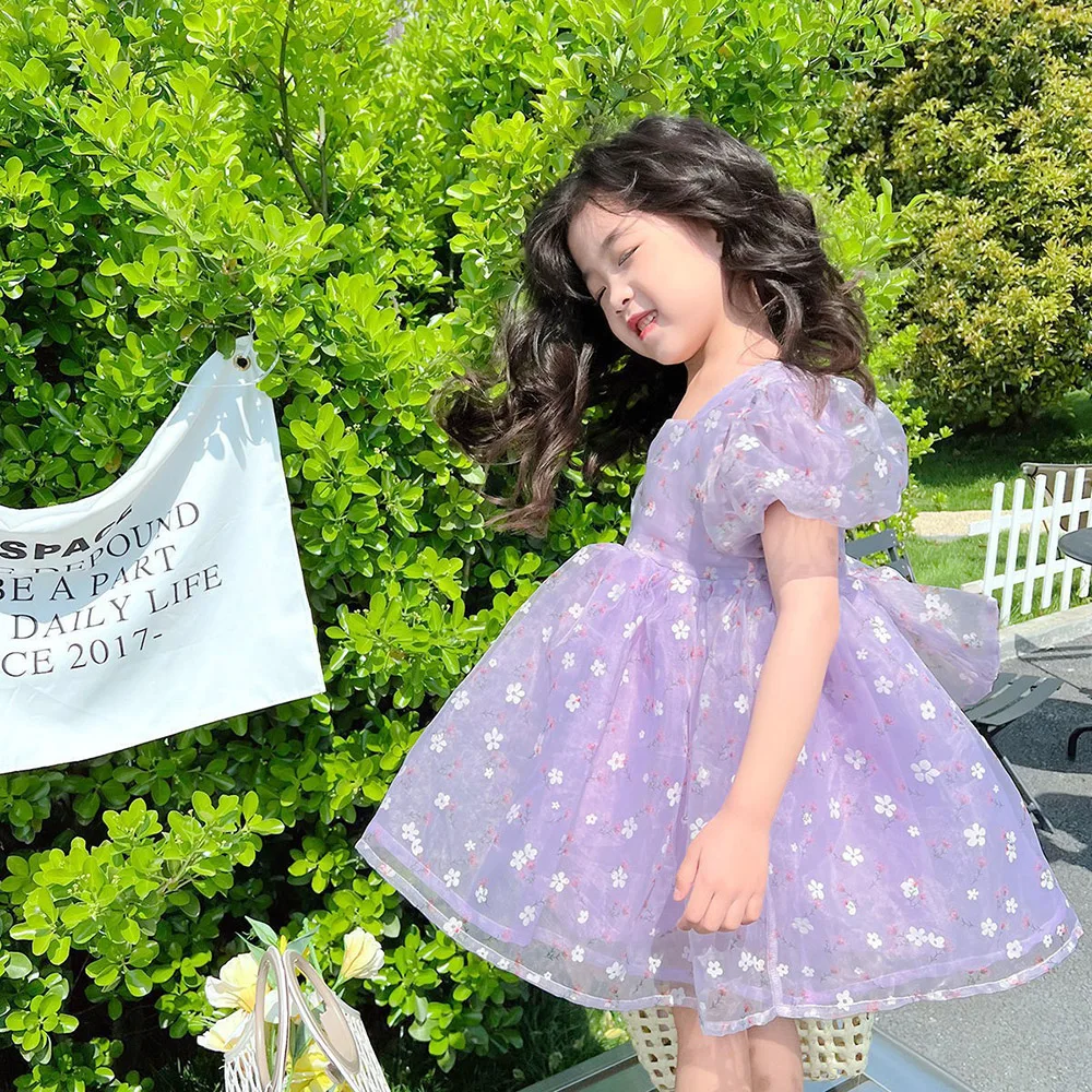 Summer Floral Tulle Kids Girls Dress 2022 New Sweet Puff Sleeve Square Collar Gauze Princess Dresses Girl Ball Gown for Party