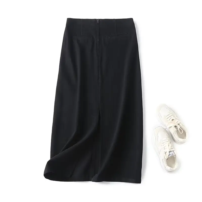 

Maxdutti Nordic Minimalist Black Denim Skirt Women For 2024 Spring Cotton Waist High Straight Midi Skirts