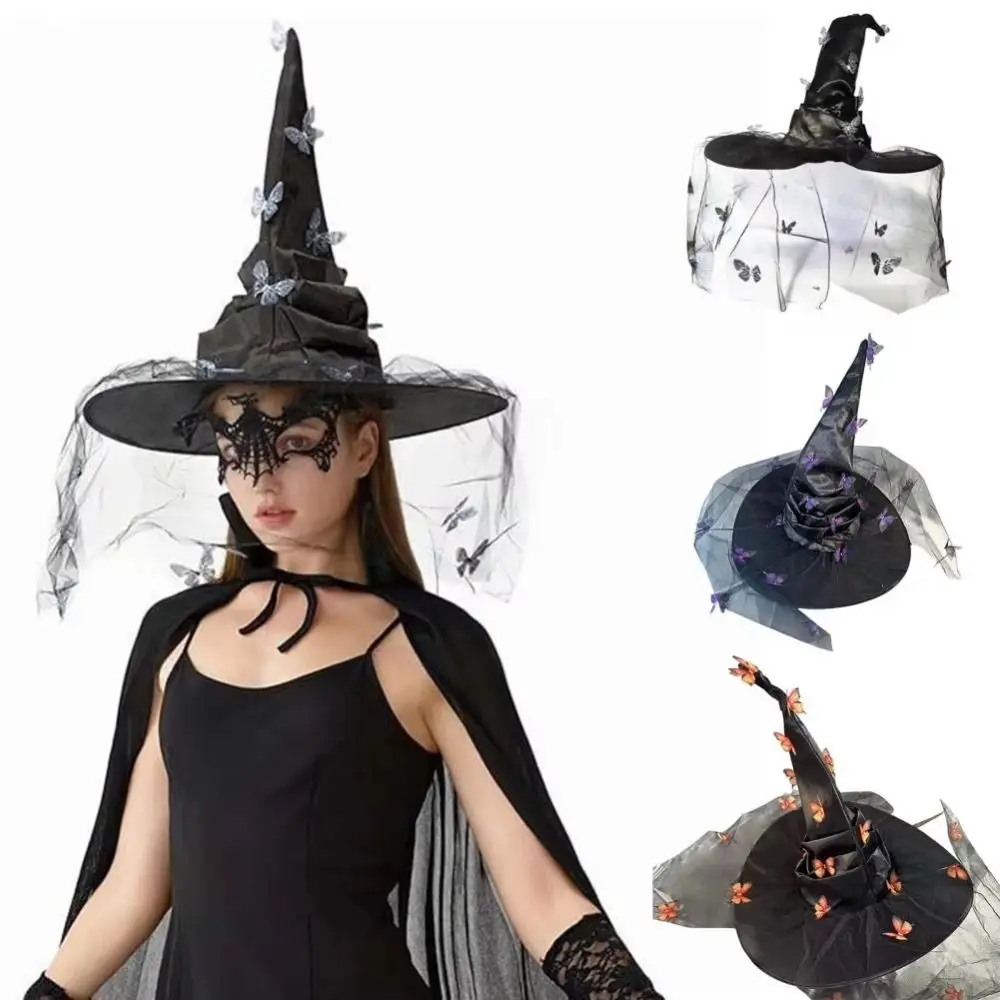 

Mesh Yarn Cover Butterfly Witch Hat Butterflies Design With Veil Wizard Cap Durable Colorful Halloween Witch Hat Women's Costume