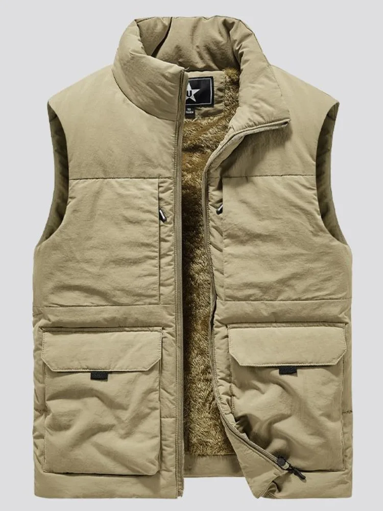 

Multi Pocket Cargo Fleece Vest Coat Men Solid Tactical Winter Warm Sleeveless Jacket Fashion Vests Jackets Work Down Waistcoat