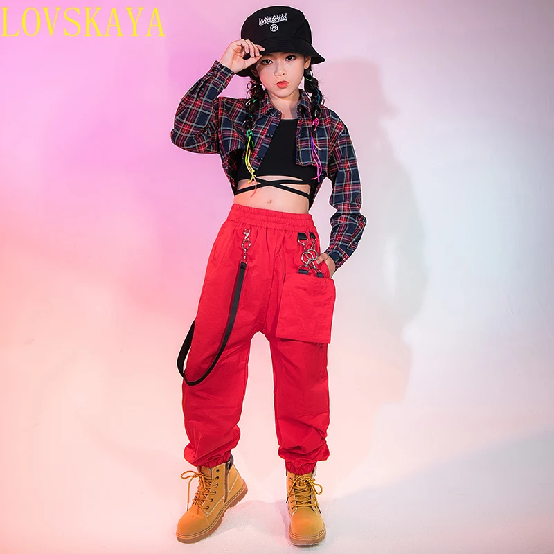 Girls Hip-hop Clothing Plaid Shirt with Exposed Navel Vest, Red Loose Casual Pants,street Dance Costume,jazz Performance Costume