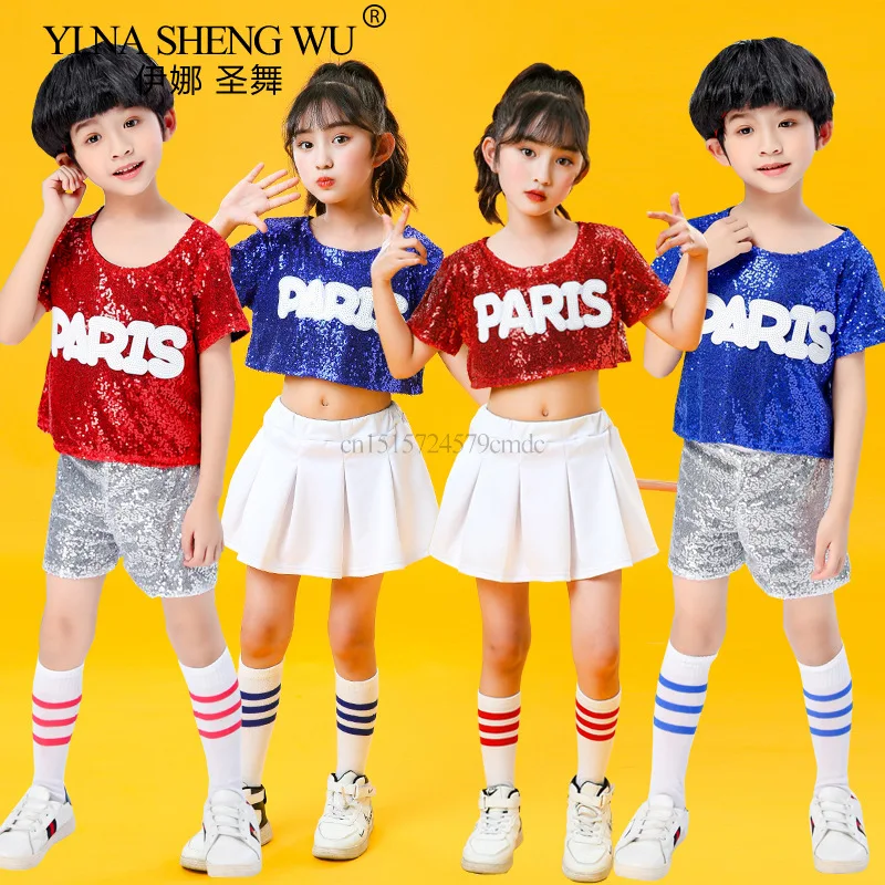 Jungen und Mädchen Jazz Dance Pailletten Set Kinder Hip Hop Modern Street Dance Bühnenkostüme Cheerleading Pailletten Set