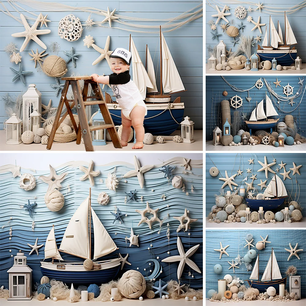 

Boy Baby Show Backdrop Nautical Birthday Theme Kids Cake Smash Background Photography Banner Blue Sailboat Wooden Plank Decor