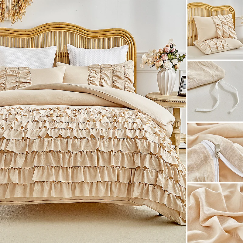 

Korean Romantic Ruffle Duvet Cover Set 2/3PCS Solid Quilt Cover Princess Style with Pillowcases for Queen King Bed Wedding Theme