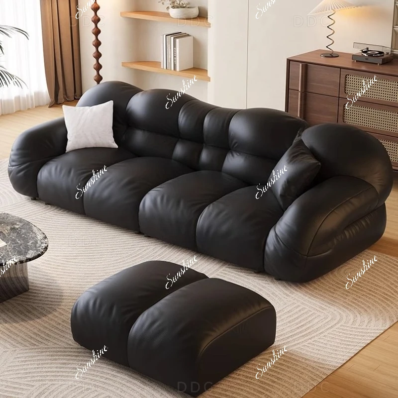 

Black leather living room straight row design sofa simple modern small apartment