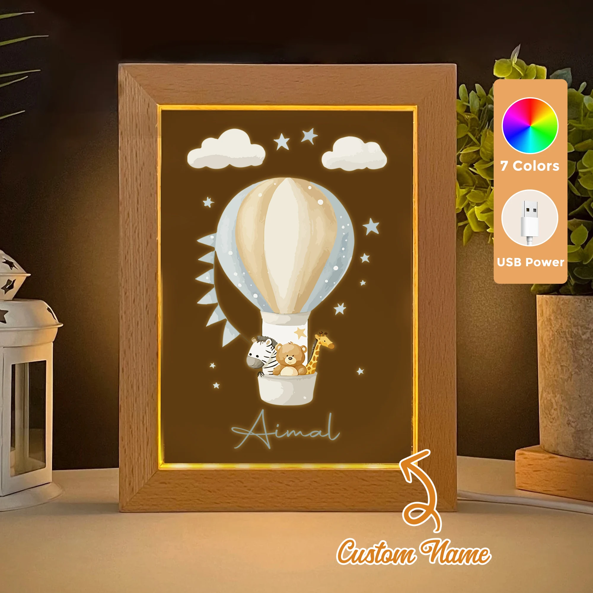

2D Flat Custom Name Hot Air Balloon LED Acrylic Night Light Wood Photo Frame 21x17cm Cartoon Children Bedroom Gifts Home Decor