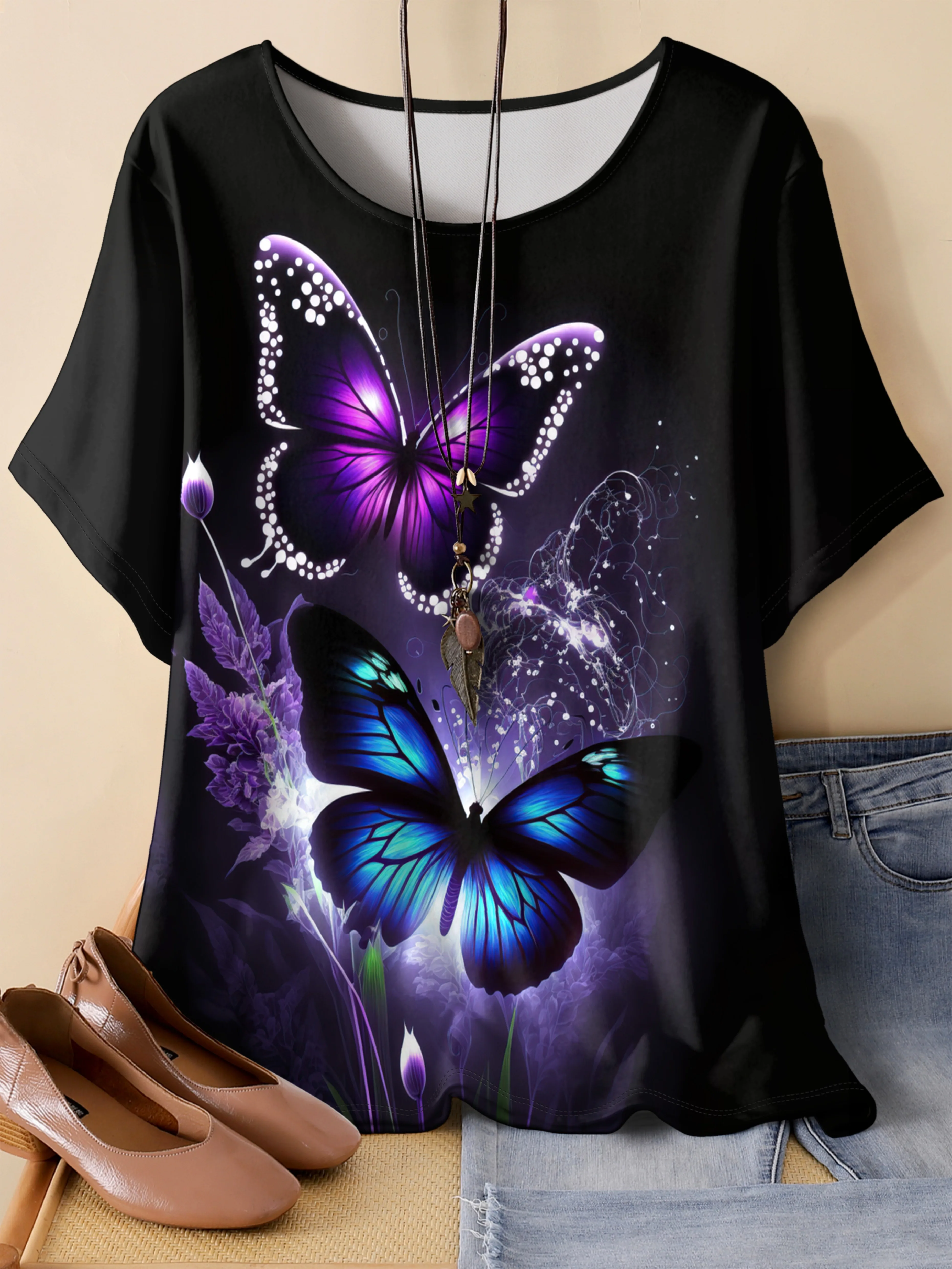 

Summer 2025 Plus Size Women Casual Round Neck Short Sleeved T-shirt with Colorful Butterfly Print Creative Printing Quick Drying