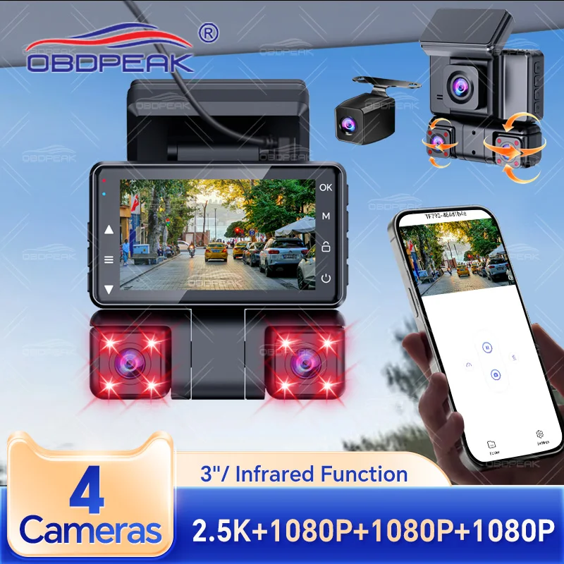 4Ch 2.5K Dashcam car camera 360° Driving DVR FHD 1080P WiFi GPS Front Left Right Rear Night Vision Loop Recording Hardwire kit