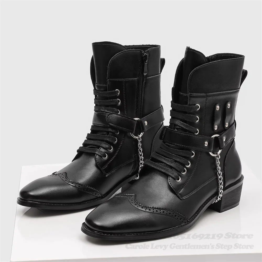 

Rivet Knight Boots Men Thick Soled Inner Height Increasing Boots Black Leather Chain Decor Lace Up Side Zipper Short Boots