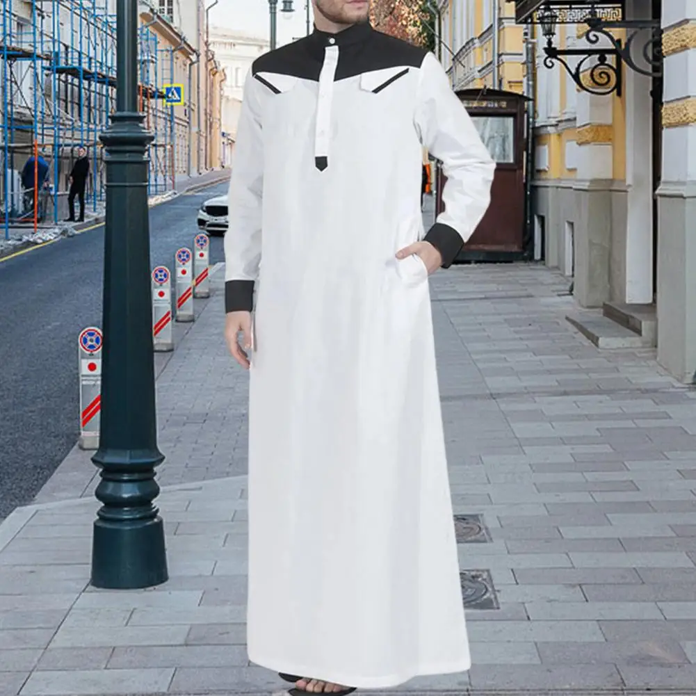 

Men Mandarin Collar Long Sleeve Robe Contrast Color Buttons Half Placket Pockets Loose Fit Traditional Robe Muslim Clothing