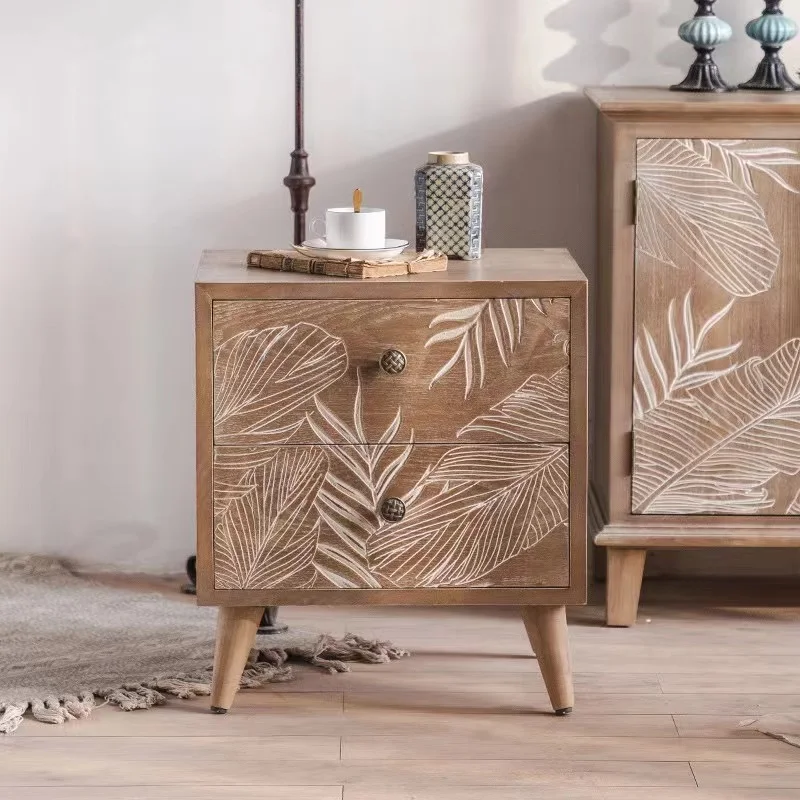 American vintage solid wood bedside table with drawers decorative sofa side cabinet creative carved storage cabinet for bedroom