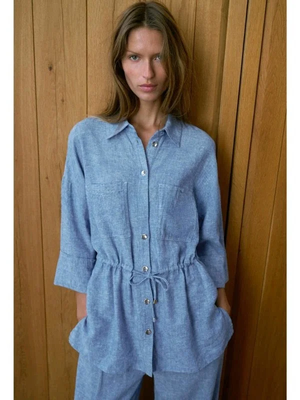 

Adjustable Waist Single Button Shirt Spring Summer Women's Casual Loose Fit Polyester Fiber Flip Collar Elbow Sleeve Side Slit