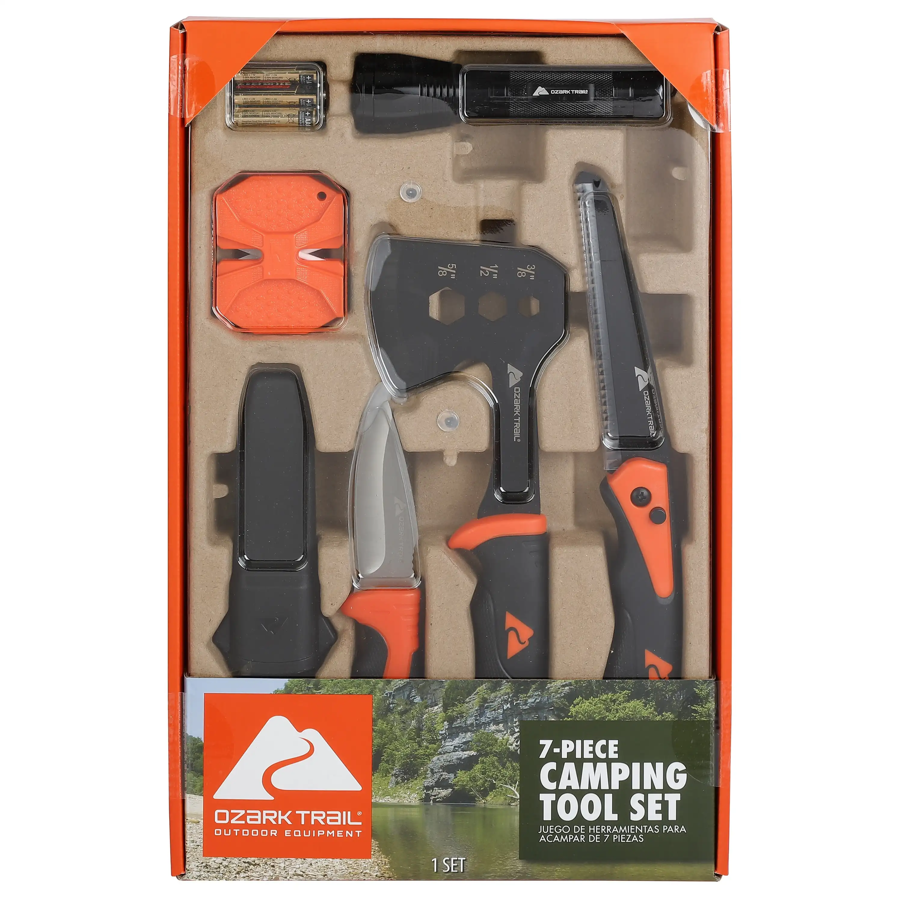

7-Piece Camping Tool Set with Hammer, Axe, Flashlight, and Knives, Batteries Included