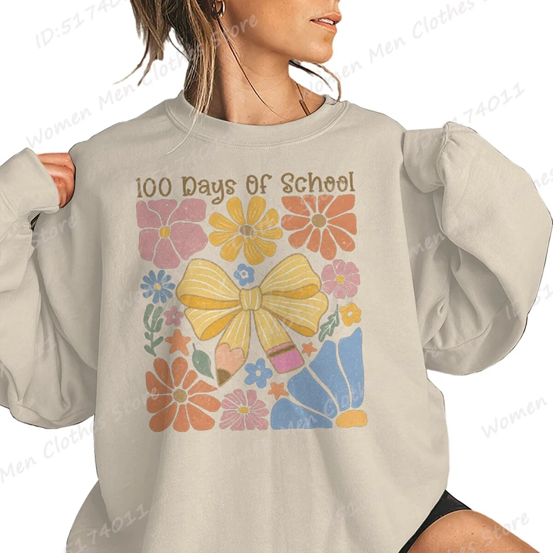 Flower Pencil Bow 100 Days Of School Print Sweatshirts, Back To School Shirt, Teacher Sweatshirt, Women Oversized Sweatshirts