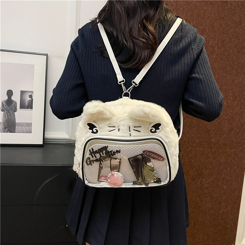 Ita Bags for Women Students Cartoon Fluffy Schoolbag Y2k Transparent All Match Ins Crossbody Bag Fashion Kawaii Casual Backpacks