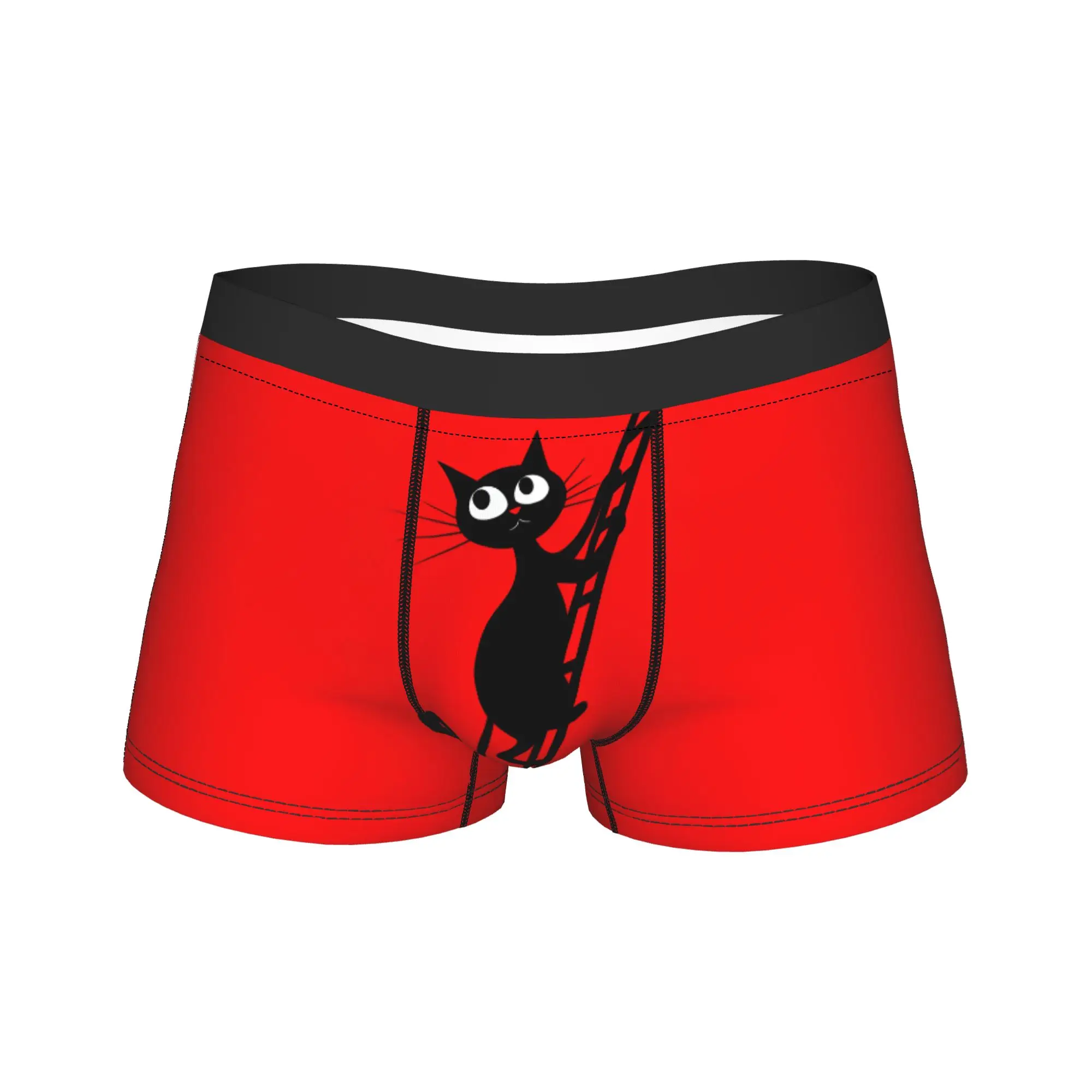 Cartoon Black Cat Silhouette Climbing Ladder Red Background Underwear  Print Boxershorts Trenky Males Panties Boxer Brief