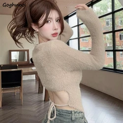 T-Shirts Women Long Sleeve Backless Lace-up Design Solid Knitted Sweet Spicy Girls All-match Korean Fashion Autumn Tops Chic Y2k