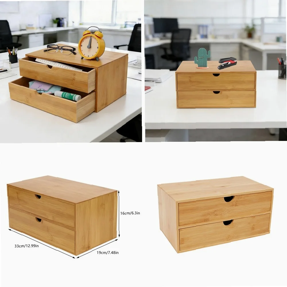 Desk Organizer, 2-Drawer Office Supplies Storage Box, Natural Bamboo Desktop Organizer with Smooth Finish, for Home Office Decor