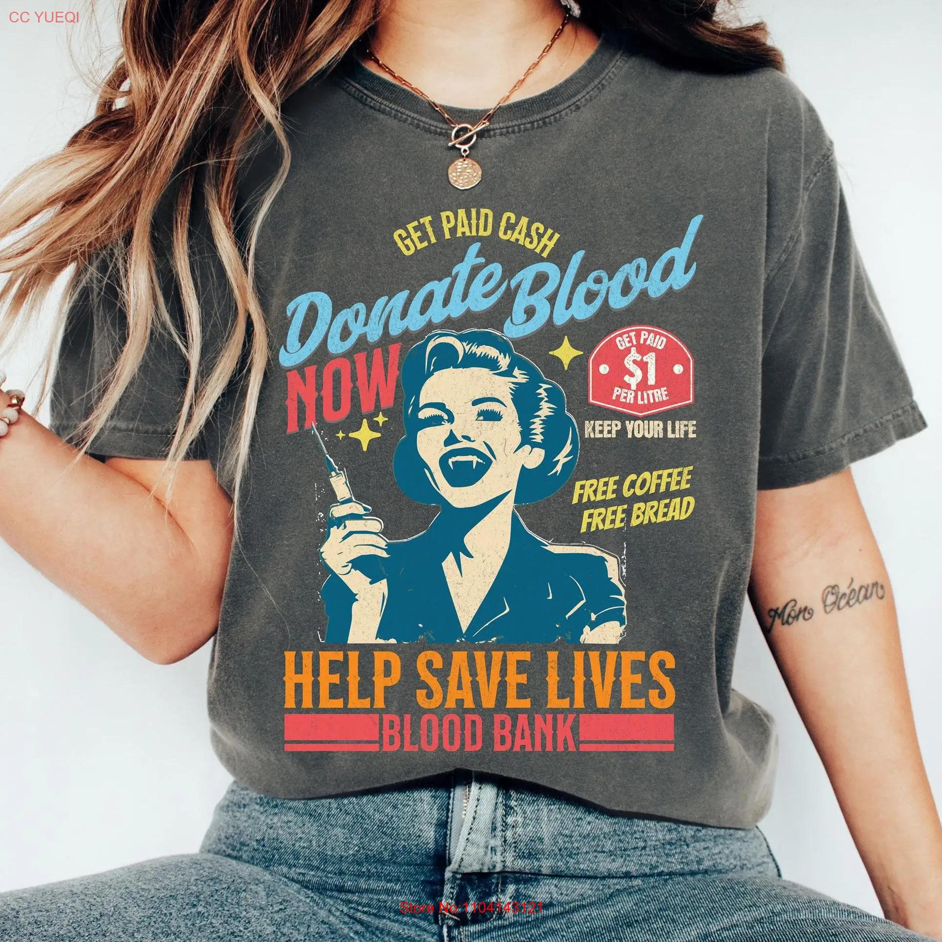 Krankenschwester Halloween Retro 1950er Jahre Vampir T-Shirt Vintage Comfort Colors Blood Bank lange oder kurze Ärmel