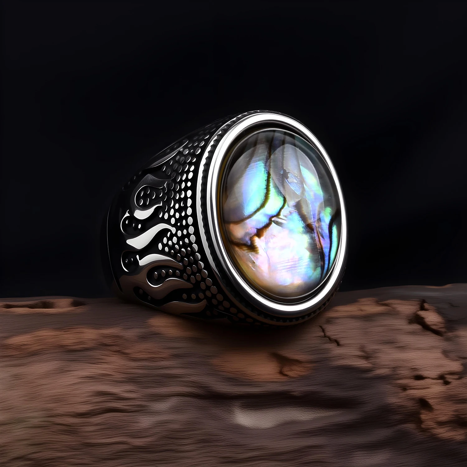 Vintage Punk Flame Carved Stainless Steel Signet Ring Natural Oval Tiger Eye Gem Male Fashion Band - view 6
