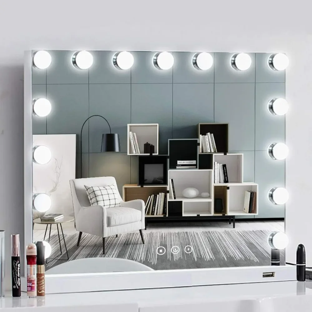 Vanity Mirror with Lights, 15 Lights Lighted Vanity Mirror Dimmable 3 Color LED Makeup USB Magnifier LED Light Up Makeup Mirror