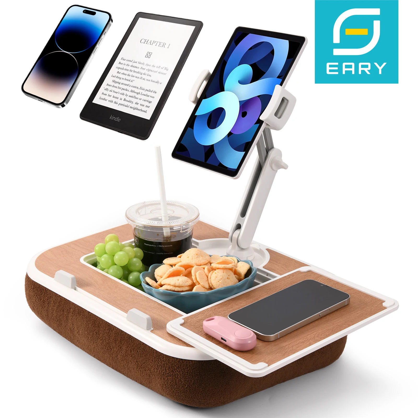 Eary Tablet Pillow Stand iPad Laptop kindle Holder with Snack Bowl for Bed Couch Recliner 360°Rotate Clip Fits for 4.7-13