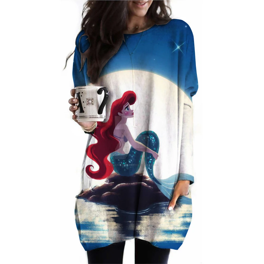 جديد ديزني الأميرة المطبوعة تي شيرت المرأة طويلة الأكمام جيب تي شيرت أعلى الخريف أزياء عارضة قميص المتضخم جولة الرقبة سحب #4