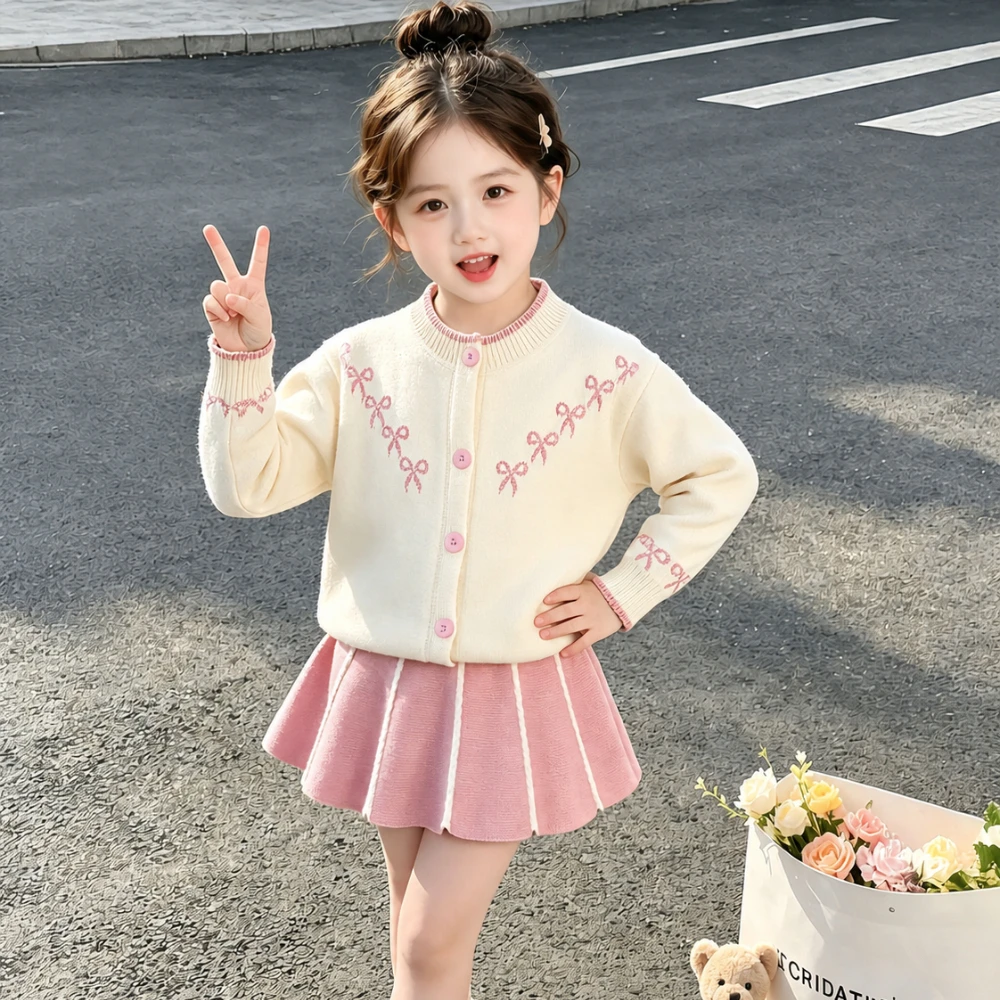 Korean Version Pink Sweet and Cute Bow Embroidered Knitted Cardigan+pleated Skirt Two-piece Set for Girls Aged 2-6 in Autumn