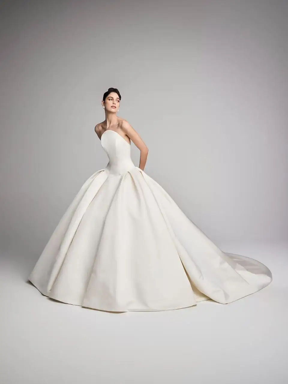 Strapless Satin Ball Gown Wedding Dress Minimalist Pleated Bridal Gown Back Button Detail Cathedral Train Custom Size Custom